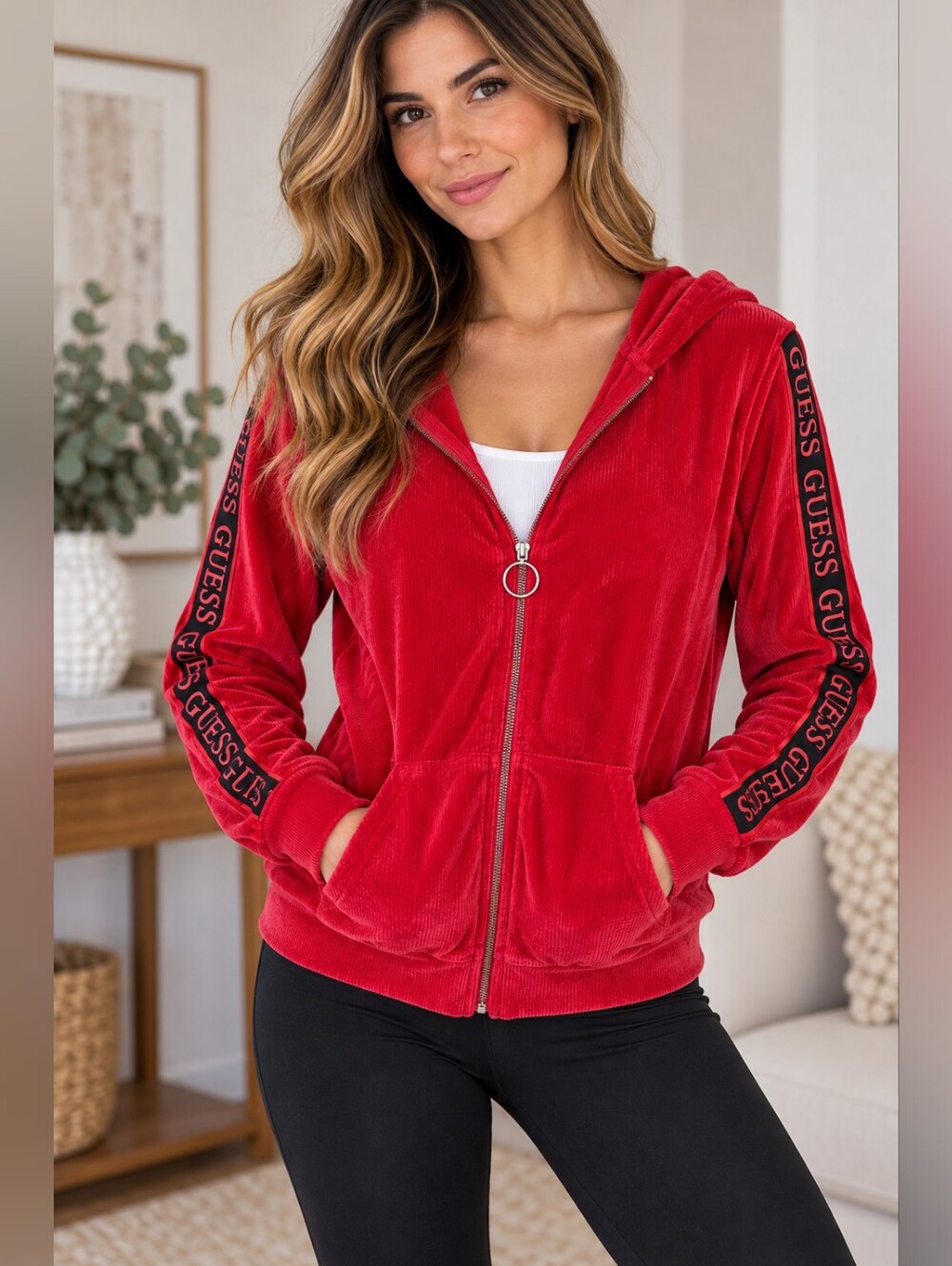 GUESS Red Ribbed Velour Zip Up Hoodie Logo Sleeve Tape Medium